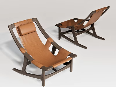 Pair of Modern Leisure Chairs With Brown Leather Seats And Dark Wooden Frames 3d model