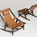 Pair of Modern Leisure Chairs With Brown Leather Seats And Dark Wooden Frames