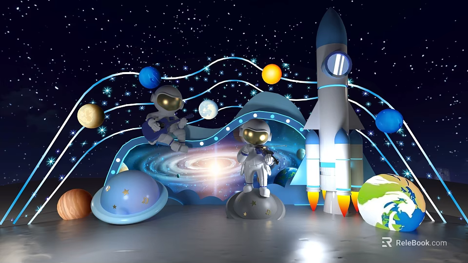 Starry Space Scene With Rocket Astronaut Figures Colorful Planets Craters And Spiral Light Effects 3d model 