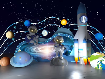 Starry Space Scene With Rocket Astronaut Figures Colorful Planets Craters And Spiral Light Effects 3d model