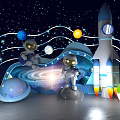 Starry Space Scene With Rocket Astronaut Figures Colorful Planets Craters And Spiral Light Effects