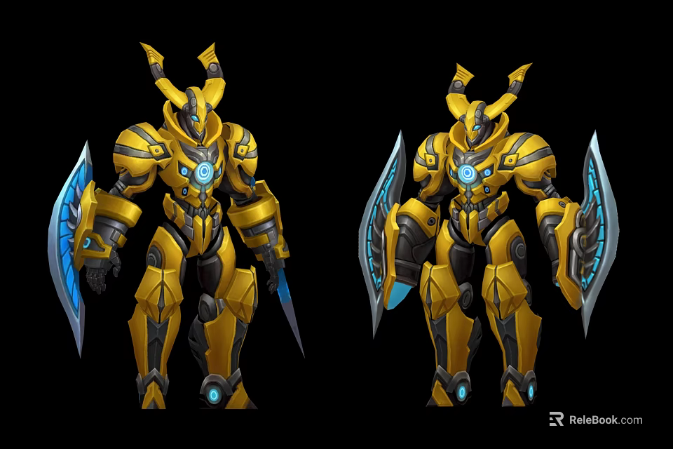 Dual Golden Armored Mechanical Creatures With Blue Glowing Horns And Weapons 3d model 