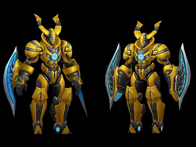 Dual Golden Armored Mechanical Creatures With Blue Glowing Horns And Weapons 3d model