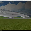 Modern Streamlined Bridge With Street Lamps Over Green Grass Under Blue Sky