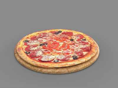 Delicious Pepperoni Pizza With Melted Cheese And Black Olives On Wooden Tray 3d model