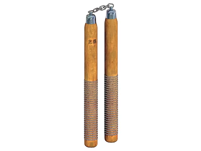 Traditional Wooden Nunchucks Weapon With Chain Connected Handles Wrapped Rope And Dragon Dance Inscriptions 3d model