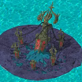 Cartoon Underwater Scene With Glowing Red Altar Chains And Rock Base