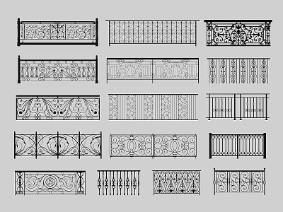 Various Railing Design Styles With Ornate Carvings And Simple Grilles For Architecture 3d model
