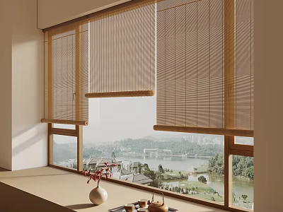 Natural Bamboo Blinds For Modern Window With Scenic View Decorative Vase And Tea Set 3d model