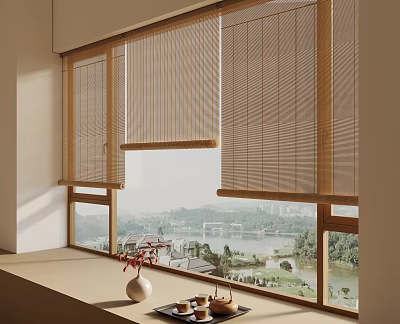 Natural Bamboo Blinds For Modern Window With Scenic View Decorative Vase And Tea Set 3d model