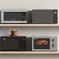 Various Modern Kitchen Appliances Microwave Oven and Baking Oven with Waffles on Shelf
