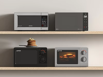 Various Modern Kitchen Appliances Microwave Oven and Baking Oven with Waffles on Shelf 3d model