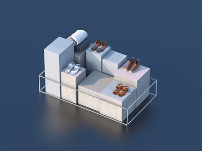 Various Styles of Shoes Neatly Displayed on Cubic Platforms of Different Heights 3d model