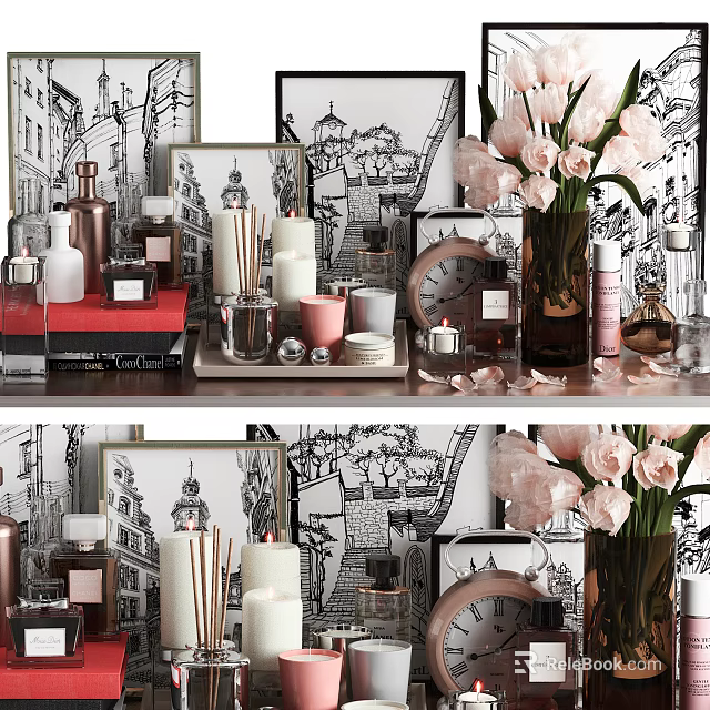 Elegant Decorative Ornament Set With Candles Photo Frames Vase And Pink Flowers 3d model 