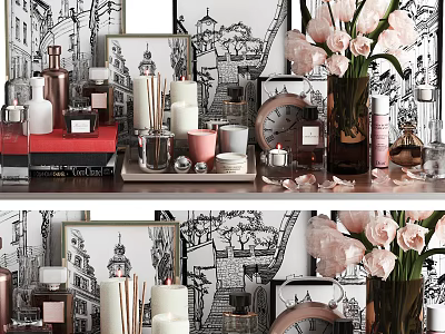 Elegant Decorative Ornament Set With Candles Photo Frames Vase And Pink Flowers 3d model