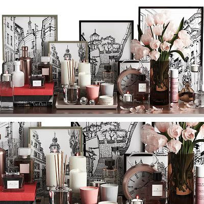 Elegant Decorative Ornament Set With Candles Photo Frames Vase And Pink Flowers 3d model