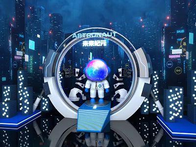 Futuristic Event Entrance For Future Era With City Night View Neon Lights And Astronaut 3d model