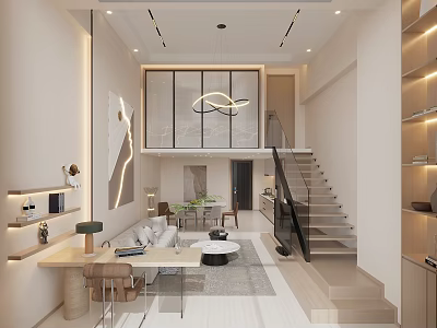 Modern Loft Apartment Interior With Staircase Sofa And Open Space 3d model