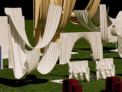Outdoor Decorative White And Beige Draperies With Green Grass Background 3d model