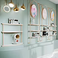 Specialty Store Interior Featuring Light Green Walls Golden Decor Circular Artworks Arched Shelves Terrazzo Floor