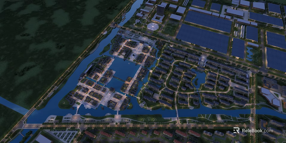 Aerial View Urban Planning With Waterfront Green Spaces And Solar Panel Zones 3d model 