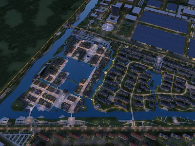 Aerial View Urban Planning With Waterfront Green Spaces And Solar Panel Zones 3d model