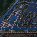 Aerial View Urban Planning With Waterfront Green Spaces And Solar Panel Zones