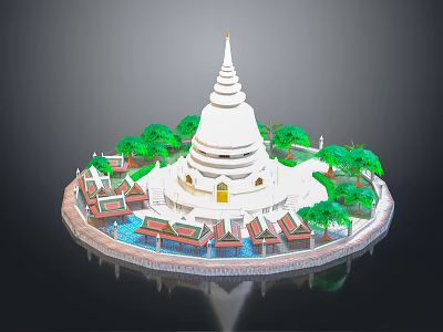 Ancient Architecture White Pagoda Design With Green Trees Small Buildings And Circular Water Platform 3d model