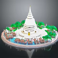 Ancient Architecture White Pagoda Design With Green Trees Small Buildings And Circular Water Platform