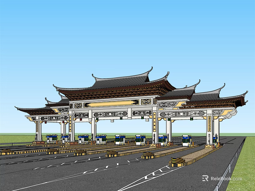 Chinese Traditional Toll Station With Overhanging Eaves Multiple Lanes and Toll Booths 3d model 
