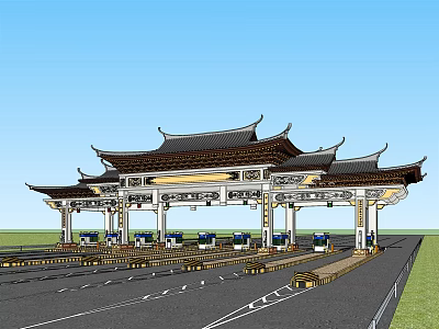 Chinese Traditional Toll Station With Overhanging Eaves Multiple Lanes and Toll Booths 3d model