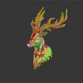 Artistic Deer Head with Green Plants Growing on Antlers and Blue Watercolor Neck