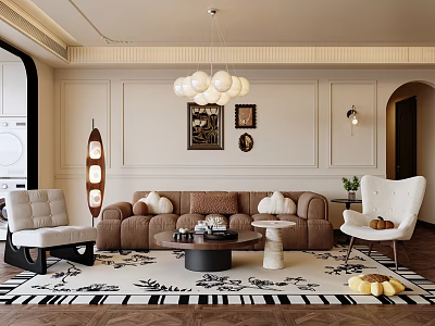 Elegant Modern Living Room Interior With Plush Sofa Coffee Table And Chandelier 3d model