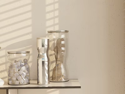 Glass Kitchen Containers with White Cubes Grains Spices on Light Shelf and Shade Light Shadows 3d model