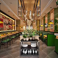 Restaurant Interior With Red Slogan Yellow Pendant Lights Wooden Tables Green Seats And Wall Decorations