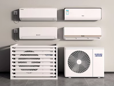 White Modern Interior With Wall Mounted Air Conditioners And Standing Fans 3d model