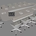 Modern Conference Table With Gray Rolling Chairs And Name Cards On Top