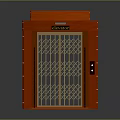Red Elevator Structure With Golden Grille Door And Top Sign
