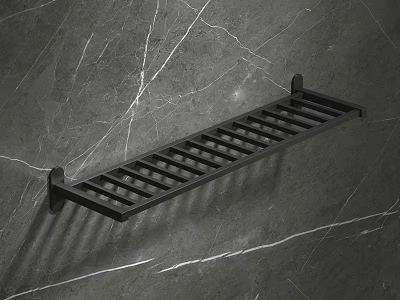 Modern Black Metal Wall Shelf Mounted On Gray Marble Textured Wall 3d model
