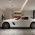 Modern Garage Interior Design With White Sports Car Bicycle Gray Floor And Recessed Lighting