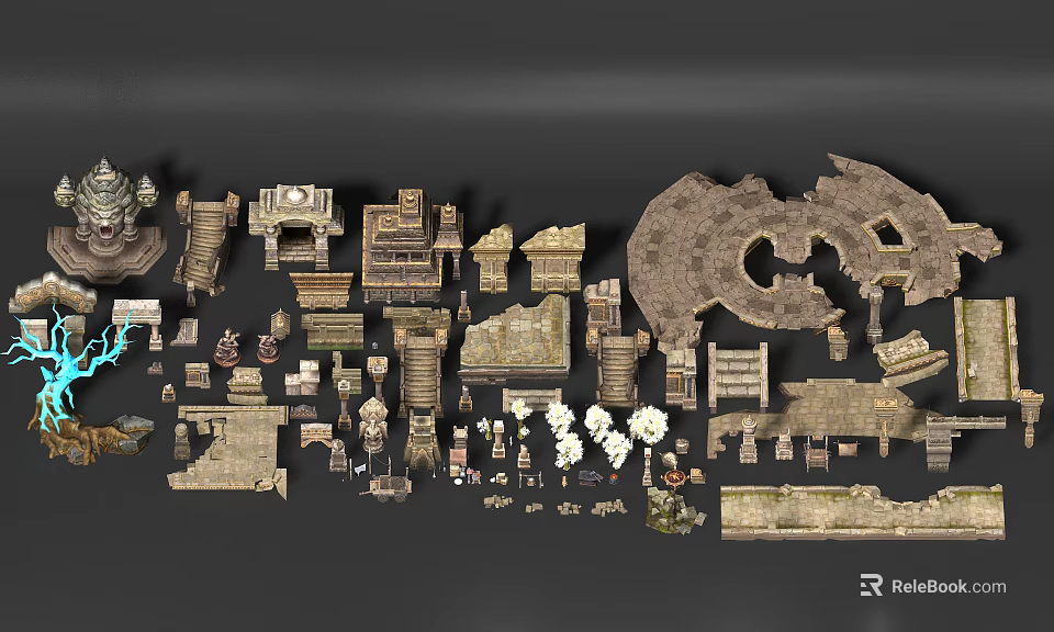 Cartoon Scene Building Elements Design With Various Structures And Decorative Components 3d model