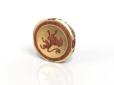 Round Decorative Household Seal With Gold Trim Red Background And Dragon Design 3d model