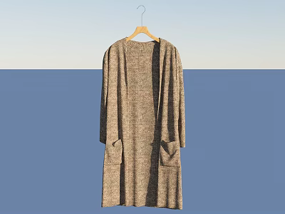 Long Knitted Cardigan With Pockets Hanging On Wooden Hanger Blue Background 3d model