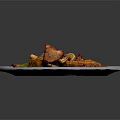 Stir Fried Bacon Mushrooms Tofu And Bell Peppers On Blue And White Patterned Plate