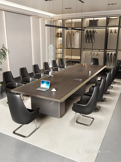 Modern Conference Room Setup With Long Wooden Table Black Leather Chairs And Laptop 3d model 