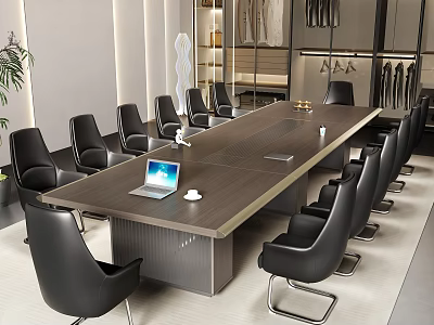 Modern Conference Room Setup With Long Wooden Table Black Leather Chairs And Laptop 3d model
