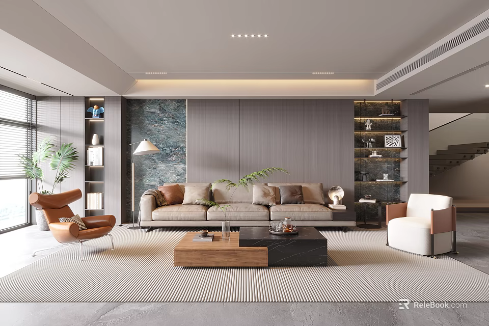 Modern Living Room With Beige Sofa Wooden Coffee Tables Armchairs And Decorative Wall 3d model 