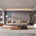Modern Living Room With Beige Sofa Wooden Coffee Tables Armchairs And Decorative Wall
