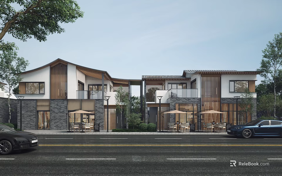Modern Traditional Commercial Street Architecture With Outdoor Seating Trees And Parked Cars 3d model 