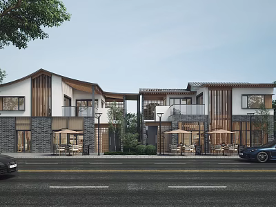 Modern Traditional Commercial Street Architecture With Outdoor Seating Trees And Parked Cars 3d model
